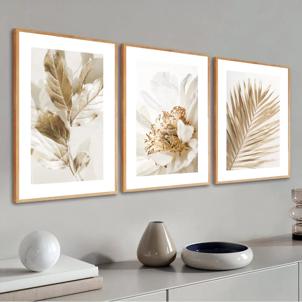 Kit com 3 Quadros Decorativos - Folhagem Dourada