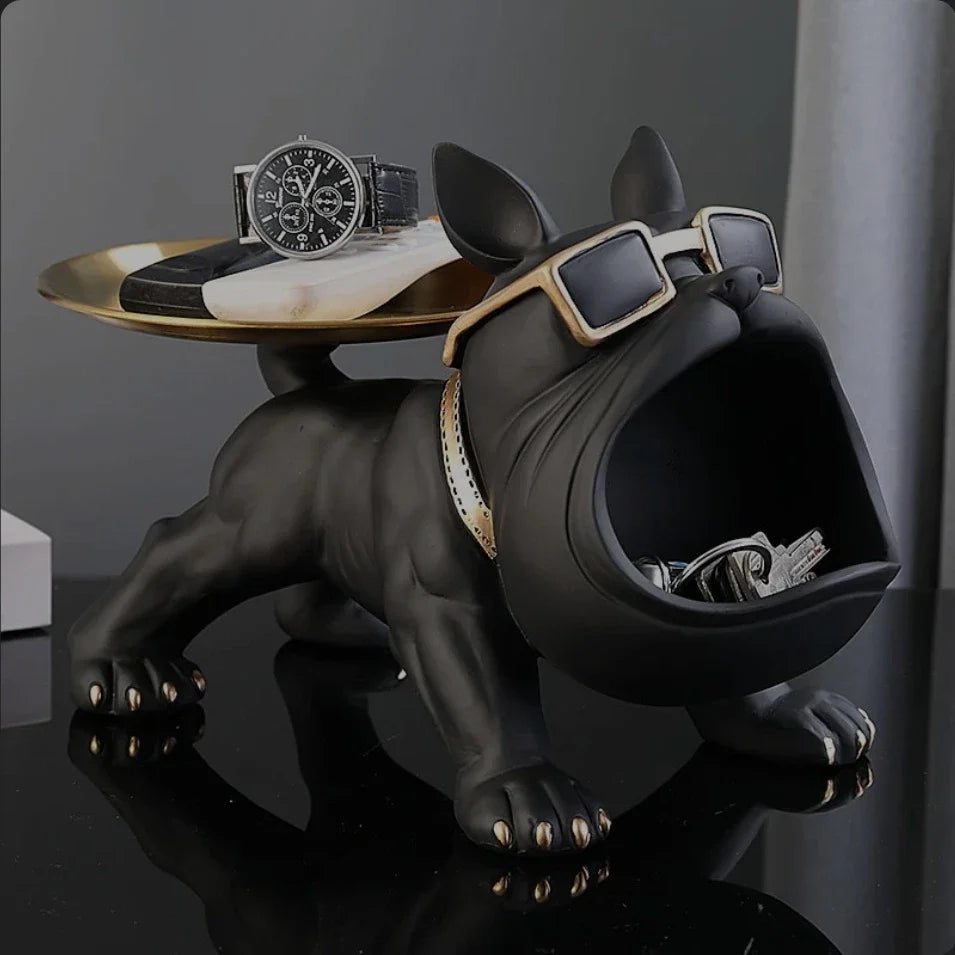 Escultura Decorativa de Cachorro Bulldog com Bandeja